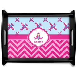 Airplane Theme - for Girls Black Wooden Tray - Large (Personalized)