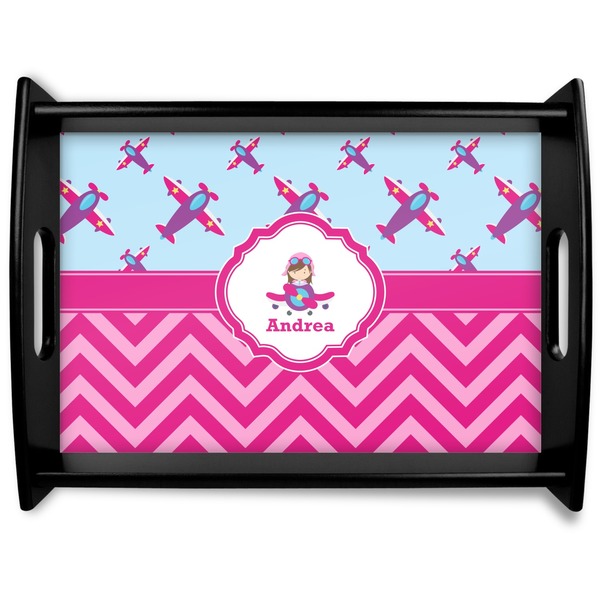 Custom Airplane Theme - for Girls Black Wooden Tray - Large (Personalized)