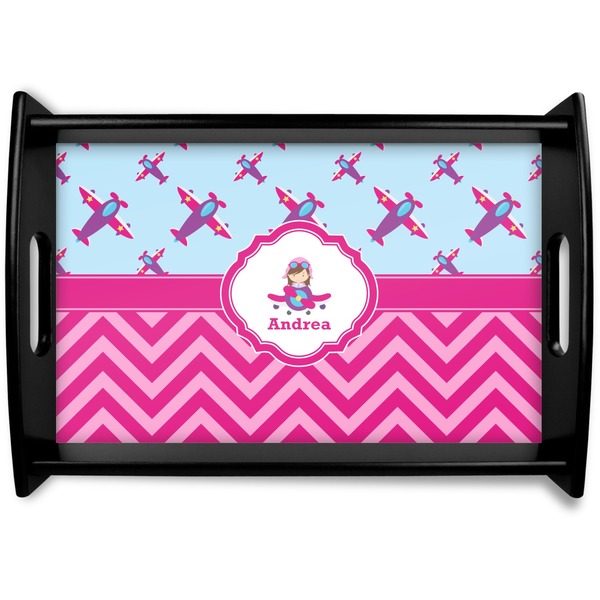 Custom Airplane Theme - for Girls Black Wooden Tray - Small (Personalized)