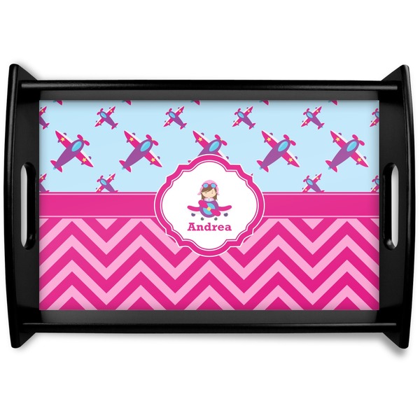 Custom Airplane Theme - for Girls Black Wooden Tray - Small (Personalized)
