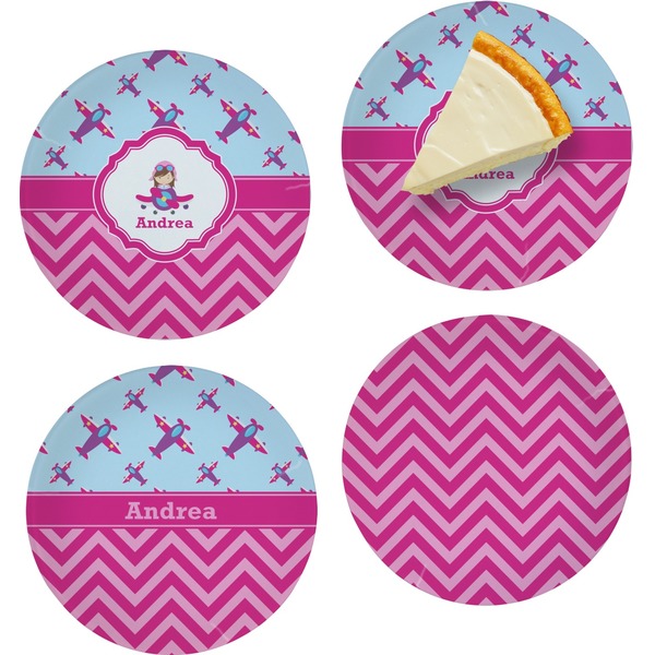 Custom Airplane Theme - for Girls Set of 4 Glass Appetizer / Dessert Plate 8" (Personalized)