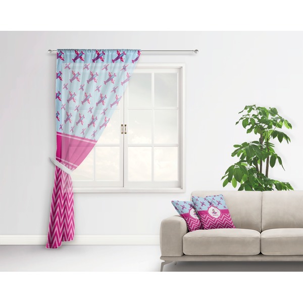 Airplane Theme - for Girls Sheer Curtain With Window and Rod - in Room Matching Pillow