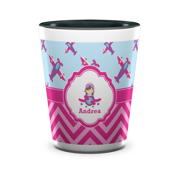 Custom Airplane Theme - for Girls Ceramic Shot Glass - 1.5 oz - Two Tone - Set of 4 (Personalized)