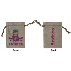 Airplane Theme - for Girls Small Burlap Gift Bag - Front & Back (Personalized)