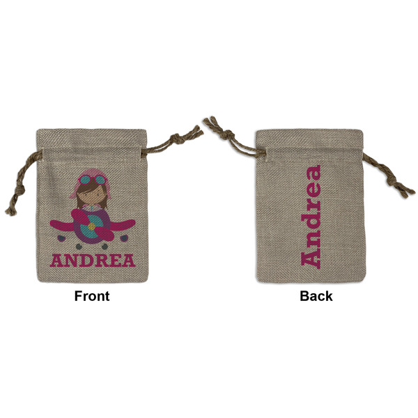 Custom Airplane Theme - for Girls Small Burlap Gift Bag - Front & Back (Personalized)