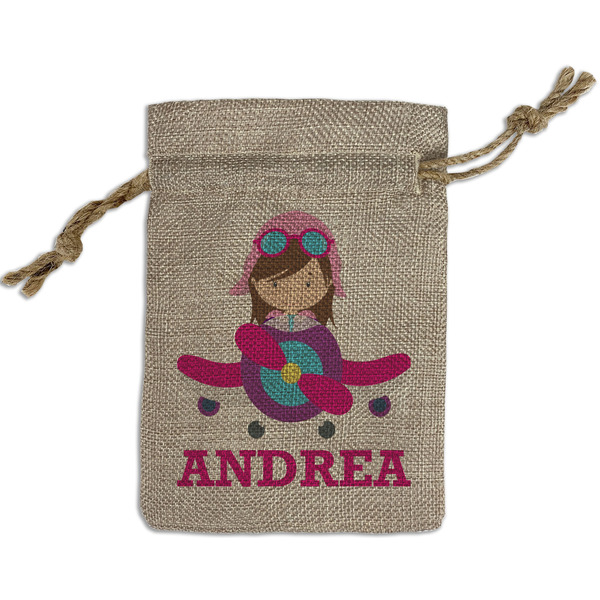 Custom Airplane Theme - for Girls Small Burlap Gift Bag - Front