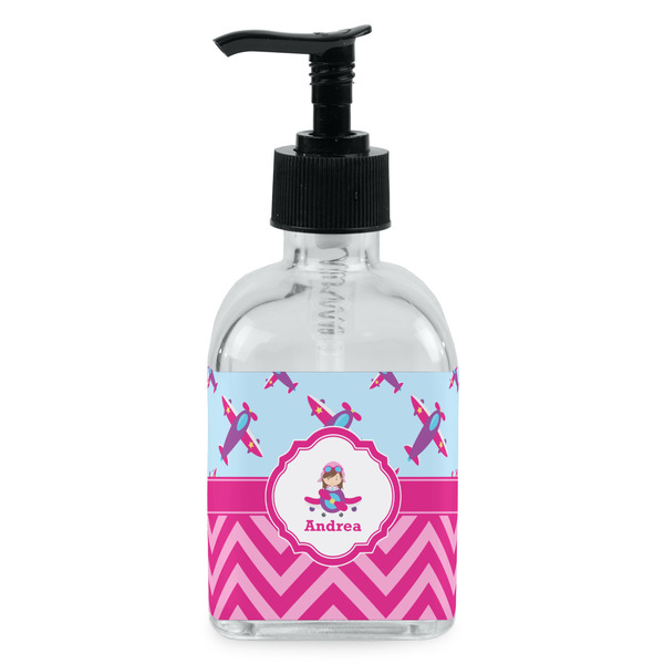 Custom Airplane Theme - for Girls Glass Soap & Lotion Bottle - Single Bottle (Personalized)