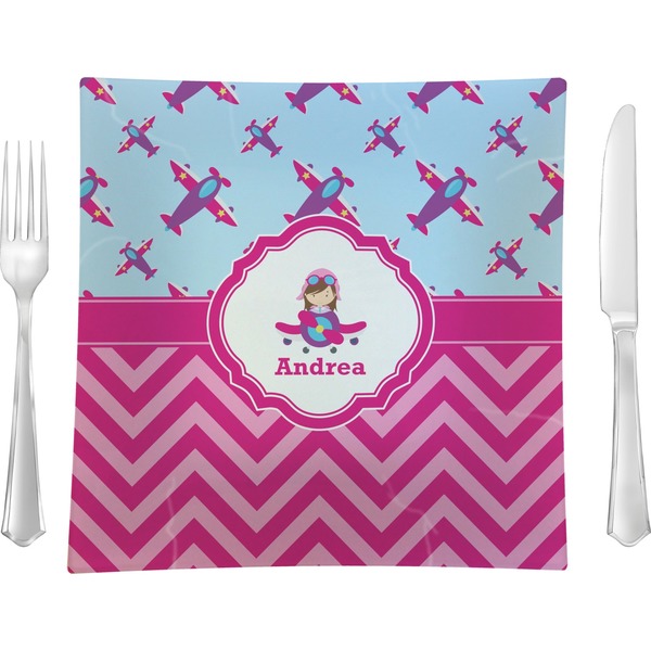 Custom Airplane Theme - for Girls Glass Square Lunch / Dinner Plate 9.5" (Personalized)