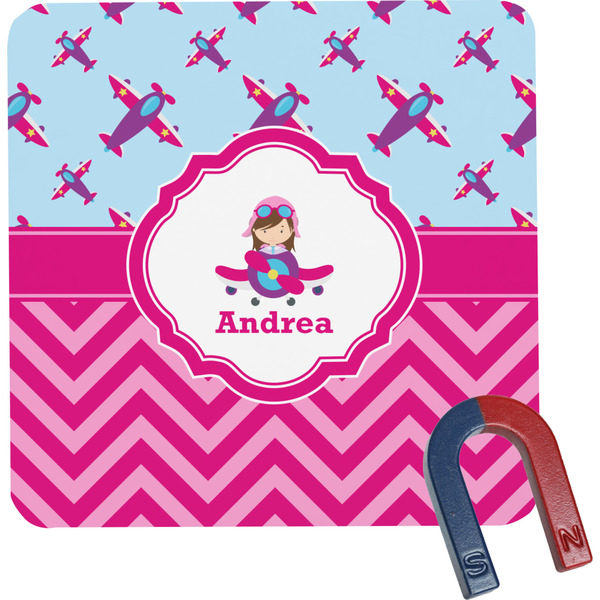 Custom Airplane Theme - for Girls Square Fridge Magnet (Personalized)