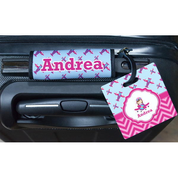Airplane Theme - for Girls Square Luggage Tag & Handle Wrap - In Context