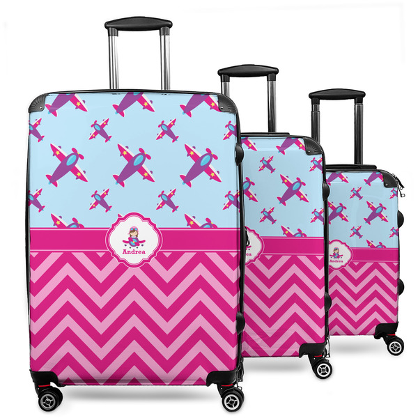 Custom Airplane Theme - for Girls 3 Piece Luggage Set - 20" Carry On, 24" Medium Checked, 28" Large Checked (Personalized)