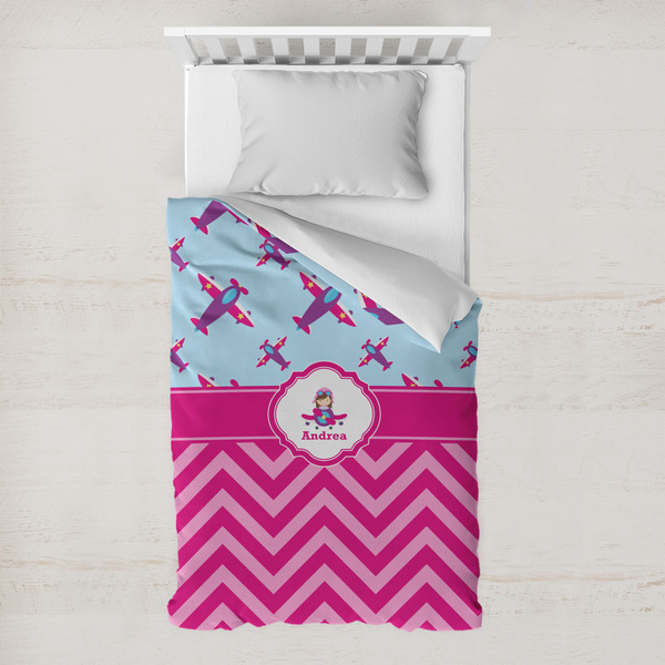 Custom Airplane Theme - for Girls Toddler Duvet Cover w/ Name or Text