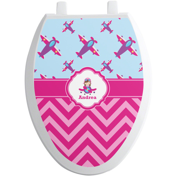 Custom Airplane Theme - for Girls Toilet Seat Decal - Elongated (Personalized)