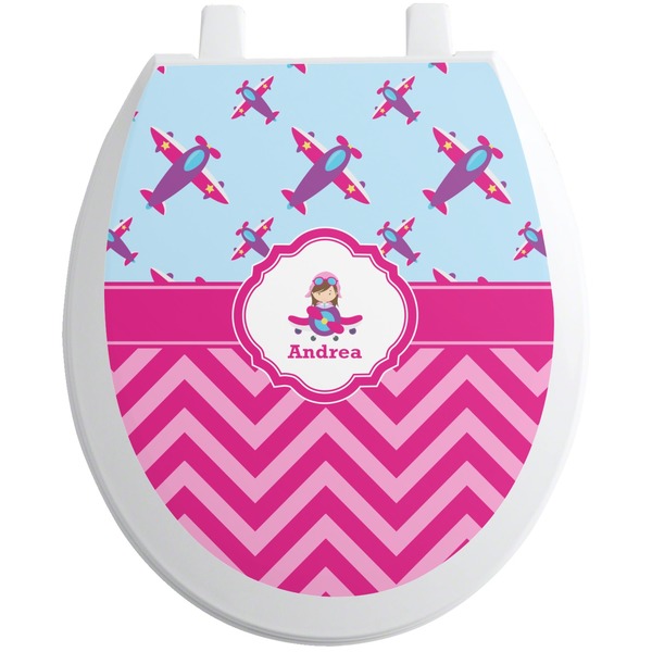 Custom Airplane Theme - for Girls Toilet Seat Decal - Round (Personalized)