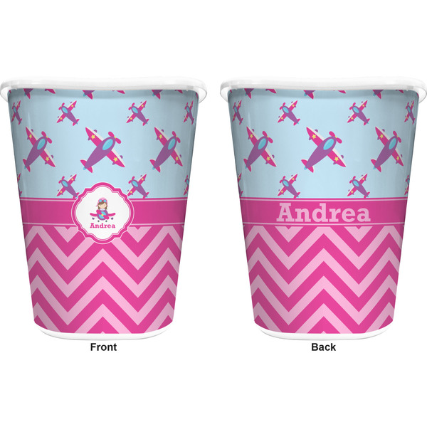 Airplane Theme - for Girls Trash Can White - Front and Back - Apvl