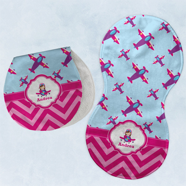 Custom Airplane Theme - for Girls Burp Pads - Velour - Set of 2 w/ Name or Text