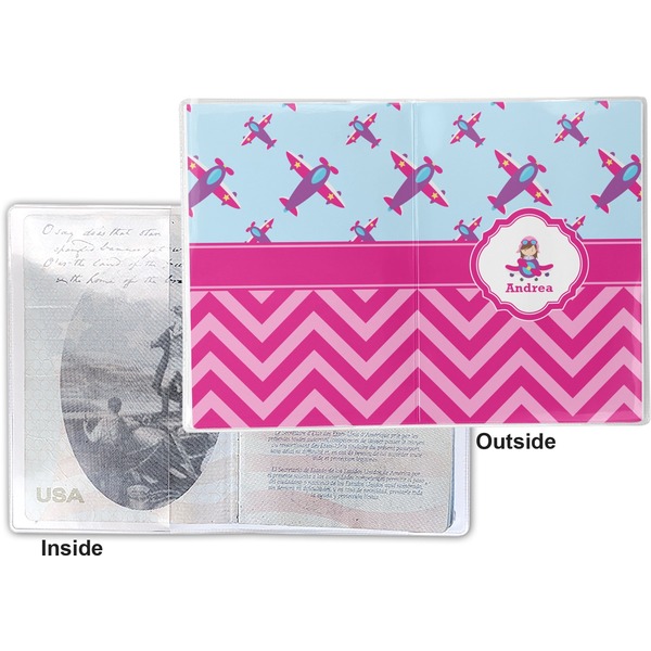 Airplane Theme - for Girls Vinyl Passport Holder - Flat Front and Back