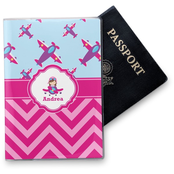 Custom Airplane Theme - for Girls Vinyl Passport Holder (Personalized)