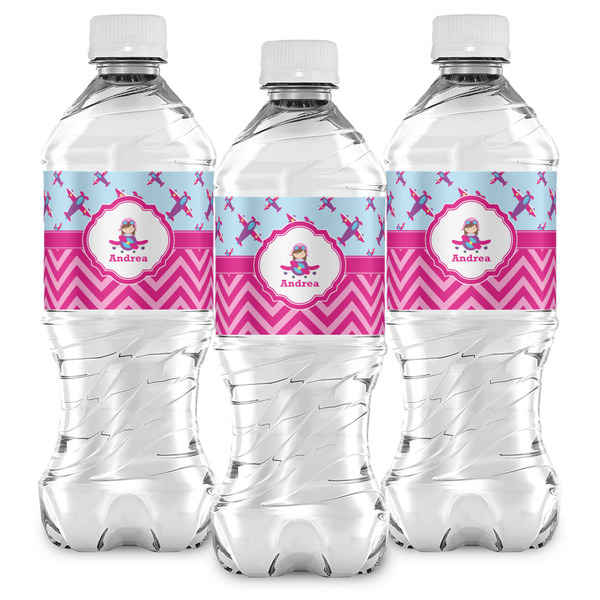 Airplane Theme - for Girls Water Bottle Labels - Front View