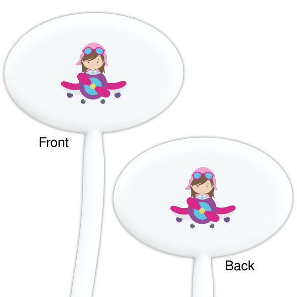 Airplane Theme - for Girls White Plastic 7" Stir Stick - Double Sided - Oval - Front & Back