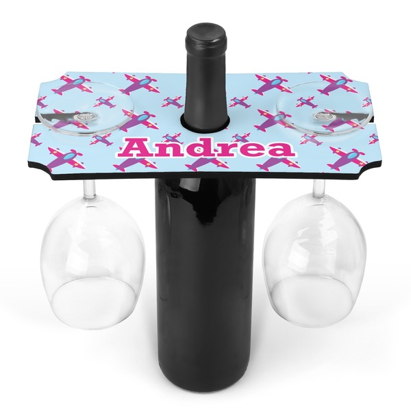 Custom Airplane Theme - for Girls Wine Bottle & Glass Holder (Personalized)