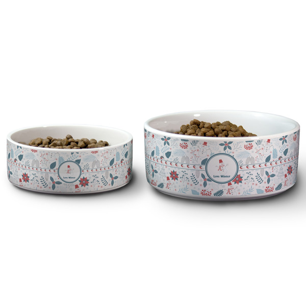 Winter Ceramic Dog Bowls - Size Comparison