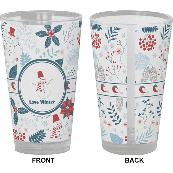 Winter Snowman Pint Glass - Full Color - Front & Back Views