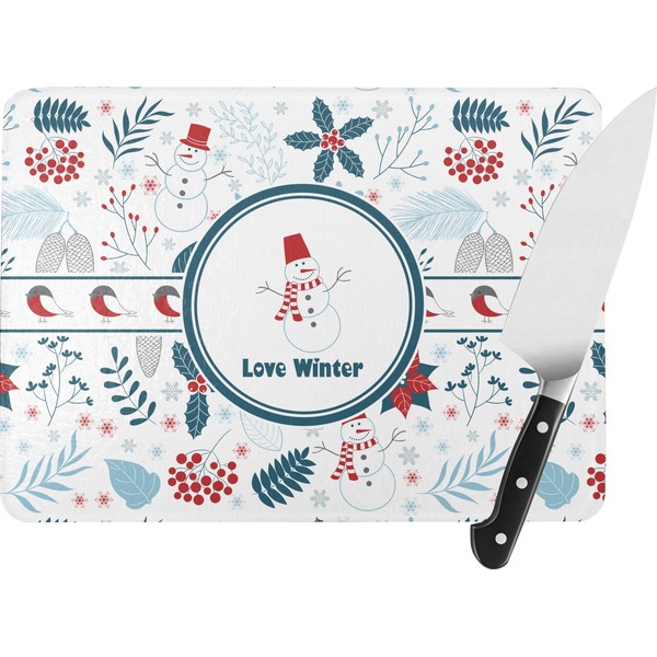 Custom Winter Snowman Rectangular Glass Cutting Board - Large - 15.25"x11.25"