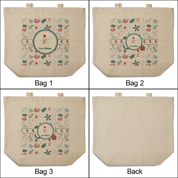 Winter Snowman 3 Reusable Cotton Grocery Bags - Front & Back View