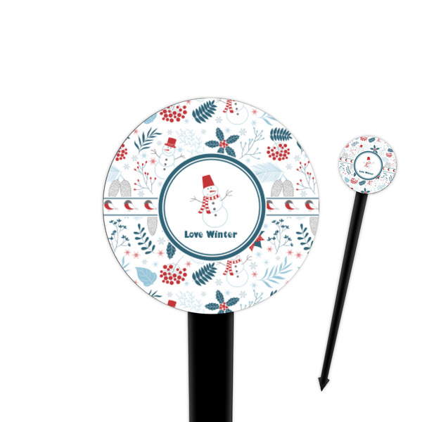Custom Winter Snowman 4" Round Plastic Food Picks - Black - Single Sided