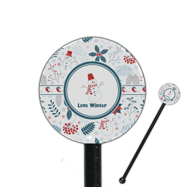 Custom Winter Snowman 5.5" Round Plastic Stir Sticks - Black - Single Sided