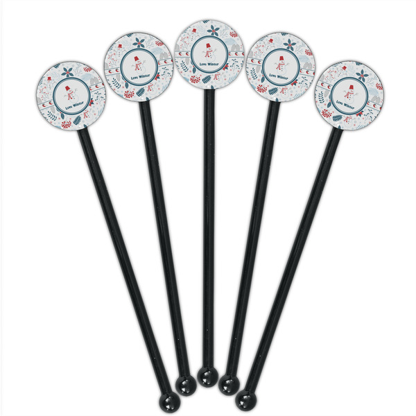 Winter Snowman Black Plastic 5.5" Stir Stick - Round - Fan View
