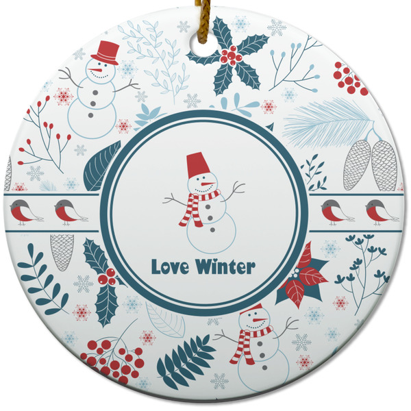 Custom Winter Snowman Round Ceramic Ornament