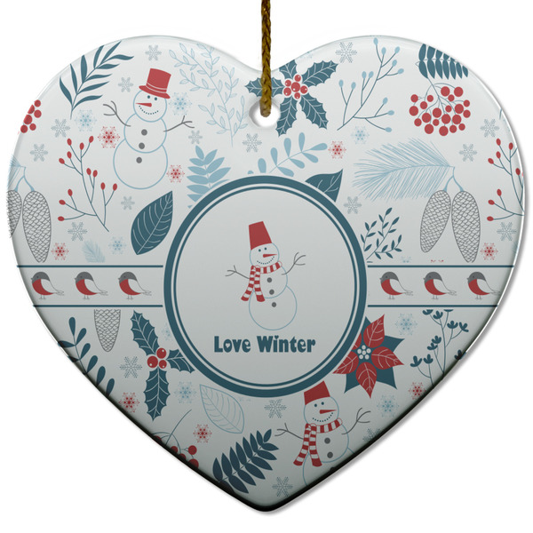 Custom Winter Snowman Heart Ceramic Ornament