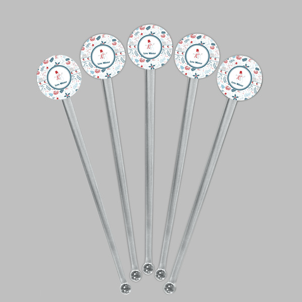 Winter Snowman Clear Plastic 7" Stir Stick - Round - Fan View