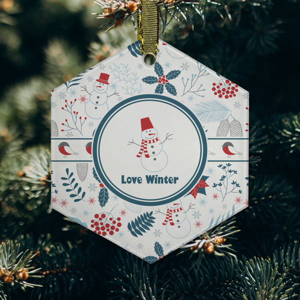 Winter Snowman Frosted Glass Ornament - Hexagon (Lifestyle)