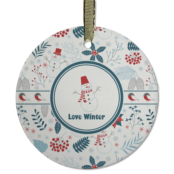 Custom Winter Snowman Flat Glass Ornament - Round