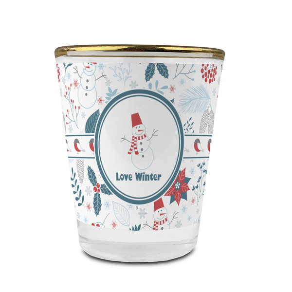 Custom Winter Snowman Glass Shot Glass - 1.5 oz - with Gold Rim - Single