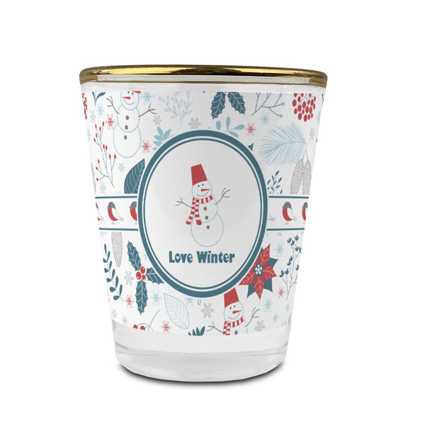 Winter Snowman Glass Shot Glass - With gold rim - FRONT