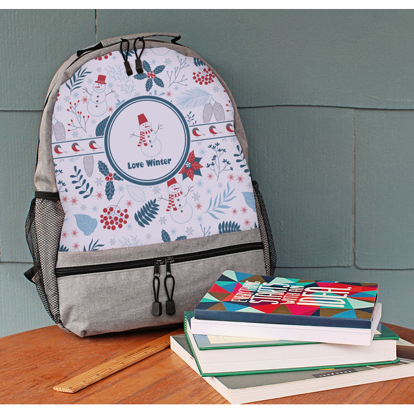 Winter Snowman Large Backpack - Gray - On Desk