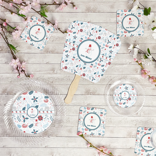 Winter Snowman Party Supplies Combination Image - All items - Plates, Coasters, Fans