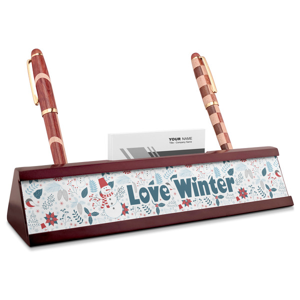 Custom Winter Snowman Red Mahogany Nameplate with Business Card Holder