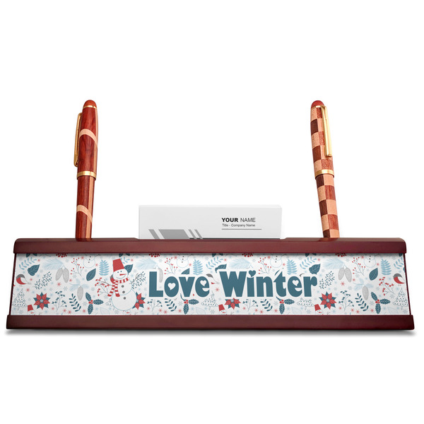 Winter Snowman Red Mahogany Nameplates with Business Card Holder - Straight