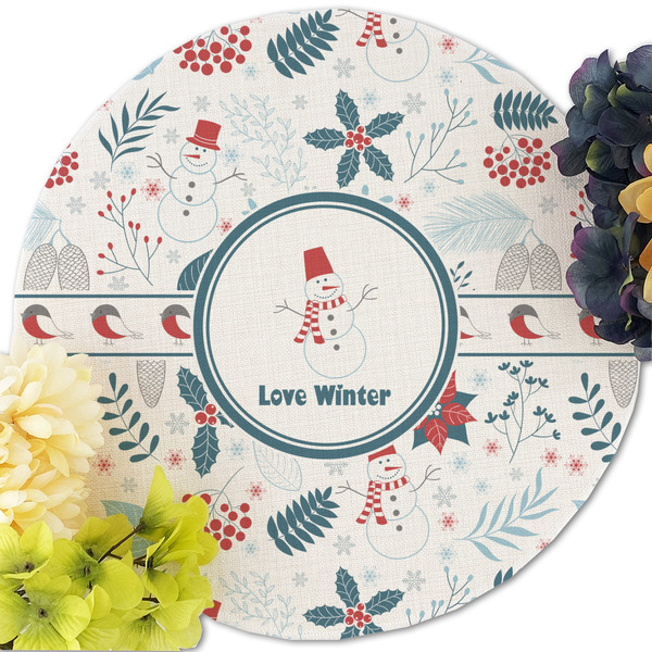 Winter Snowman Round Linen Placemats - Front (w flowers)