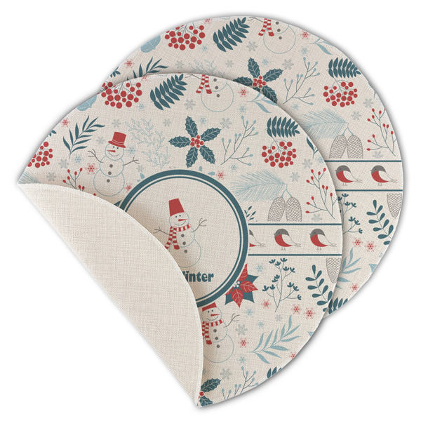 Custom Winter Snowman Round Linen Placemat - Single Sided - Set of 4