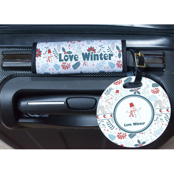 Winter Snowman Round Luggage Tag & Handle Wrap - In Context