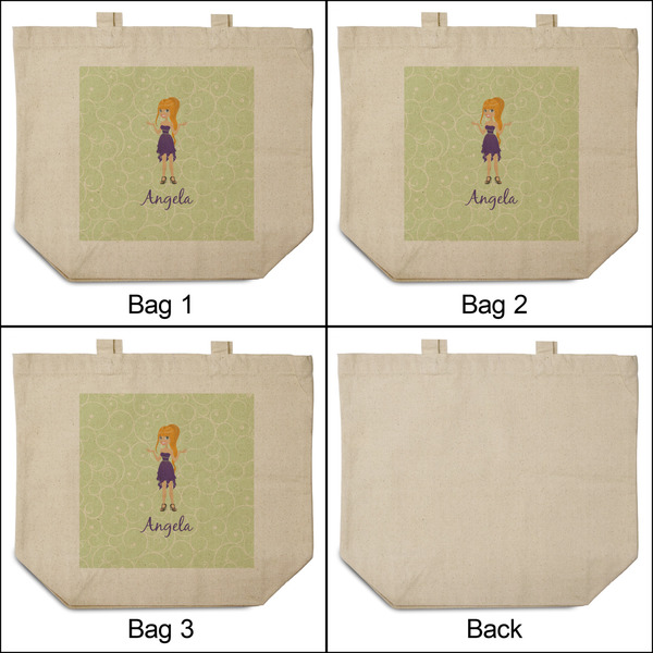 Custom Character (Woman) 3 Reusable Cotton Grocery Bags - Front & Back View
