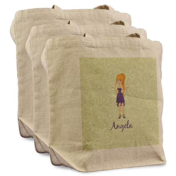 Custom Character (Woman) 3 Reusable Cotton Grocery Bags - Front View