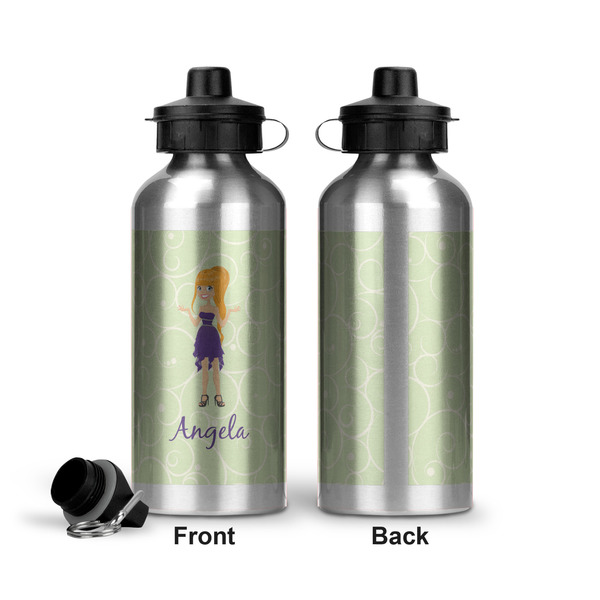 Custom Character (Woman) Aluminum Water Bottle - Front and Back