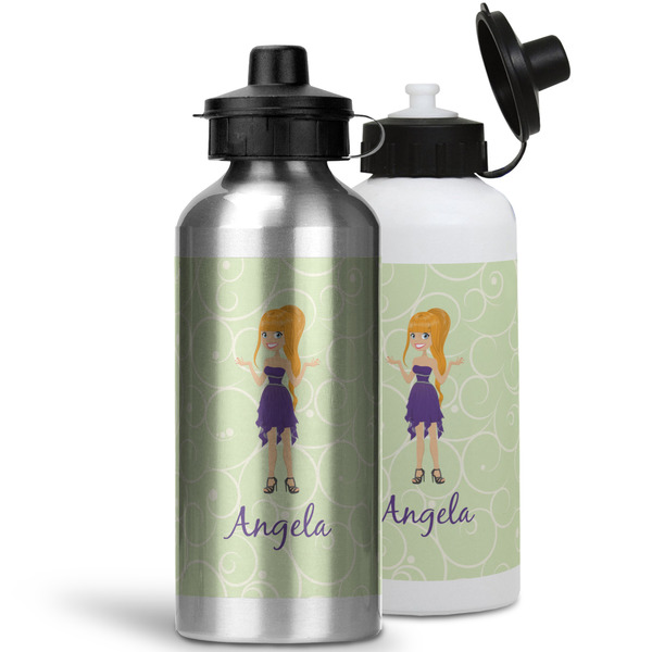 Custom Character (Woman) Aluminum Water Bottles - MAIN (white &silver)